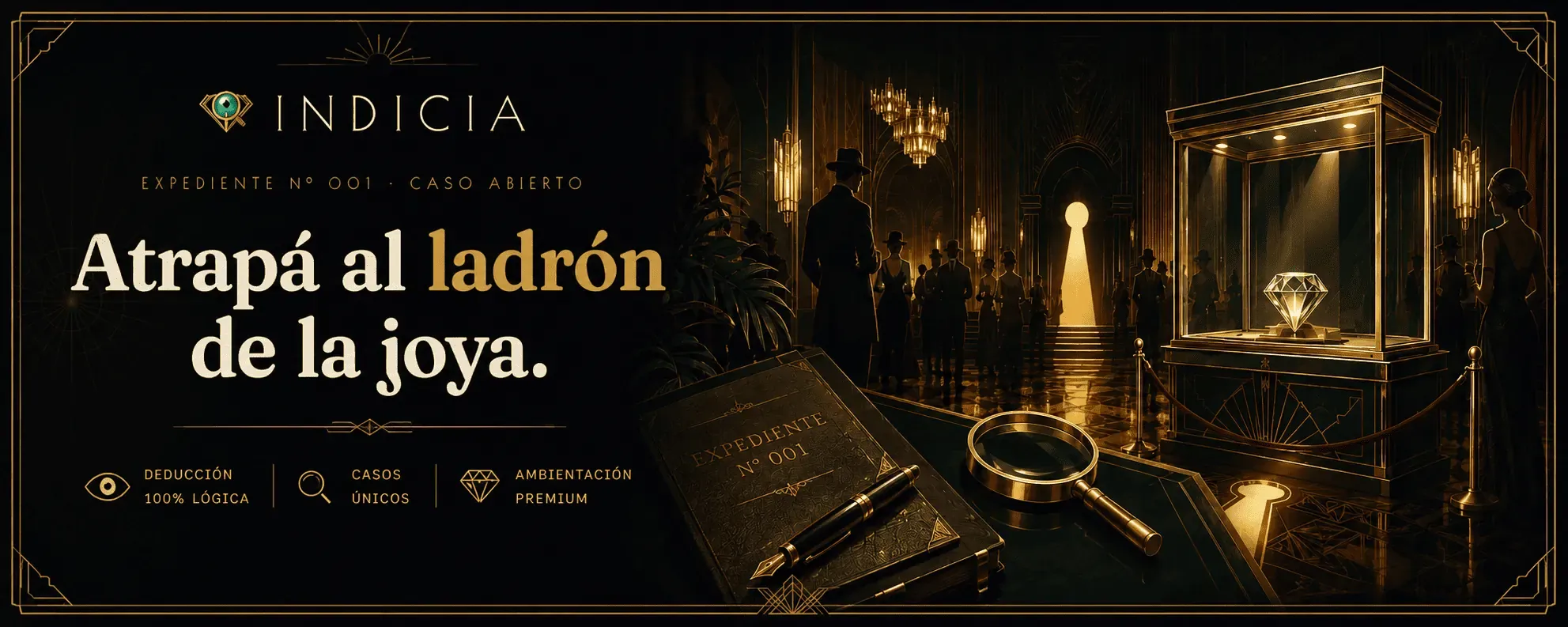 La escena del robo en Indicia: una vitrina iluminada con la joya, sospechosos de gala, una lupa y el expediente del caso
