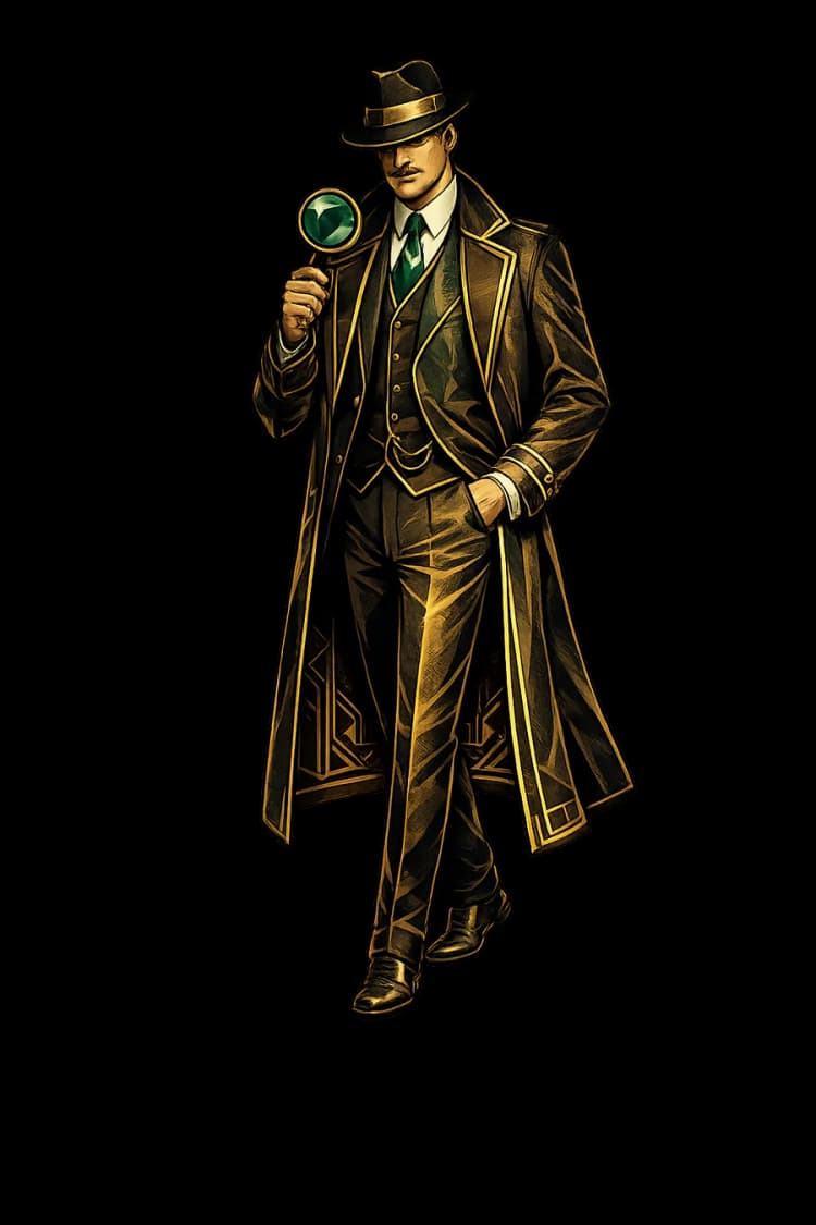 The Indicia detective, magnifying glass in hand
